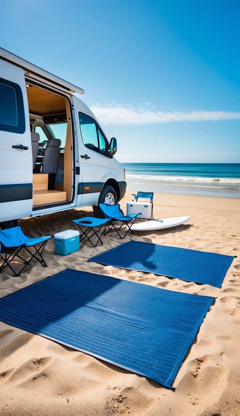 Camper van parked on a sandy beach with sand-resistant floor mats laid out at the entrance and beach gear nearby.