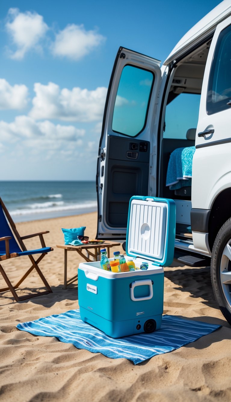 Camper van parked on a sunny beach with an open built-in cooler showing drinks inside, surrounded by beach chairs and gear.