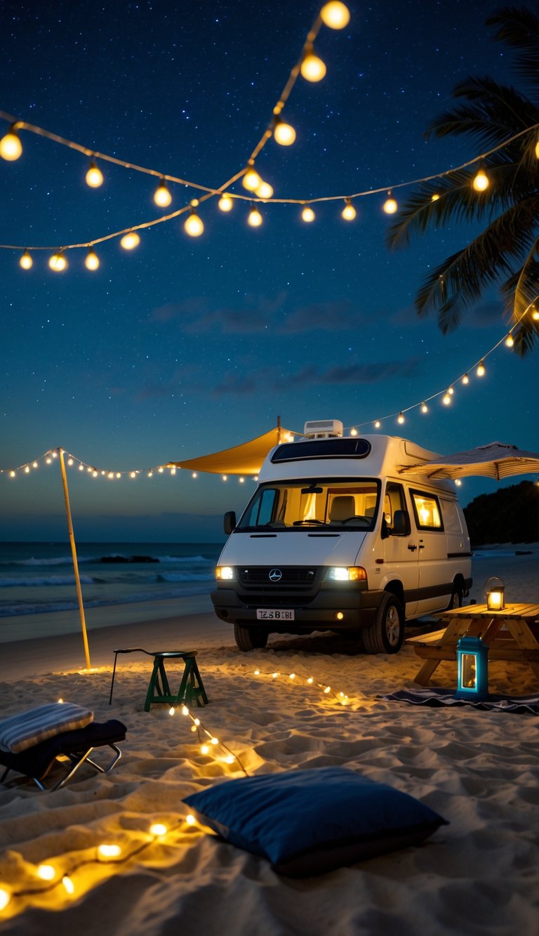 A camper van parked on a beach at night with solar-powered LED string lights illuminating the area around it.
