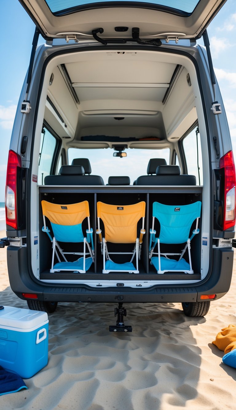 Rear compartments of a camper van open, showing neatly stored foldable beach chairs inside on a sunny beach.