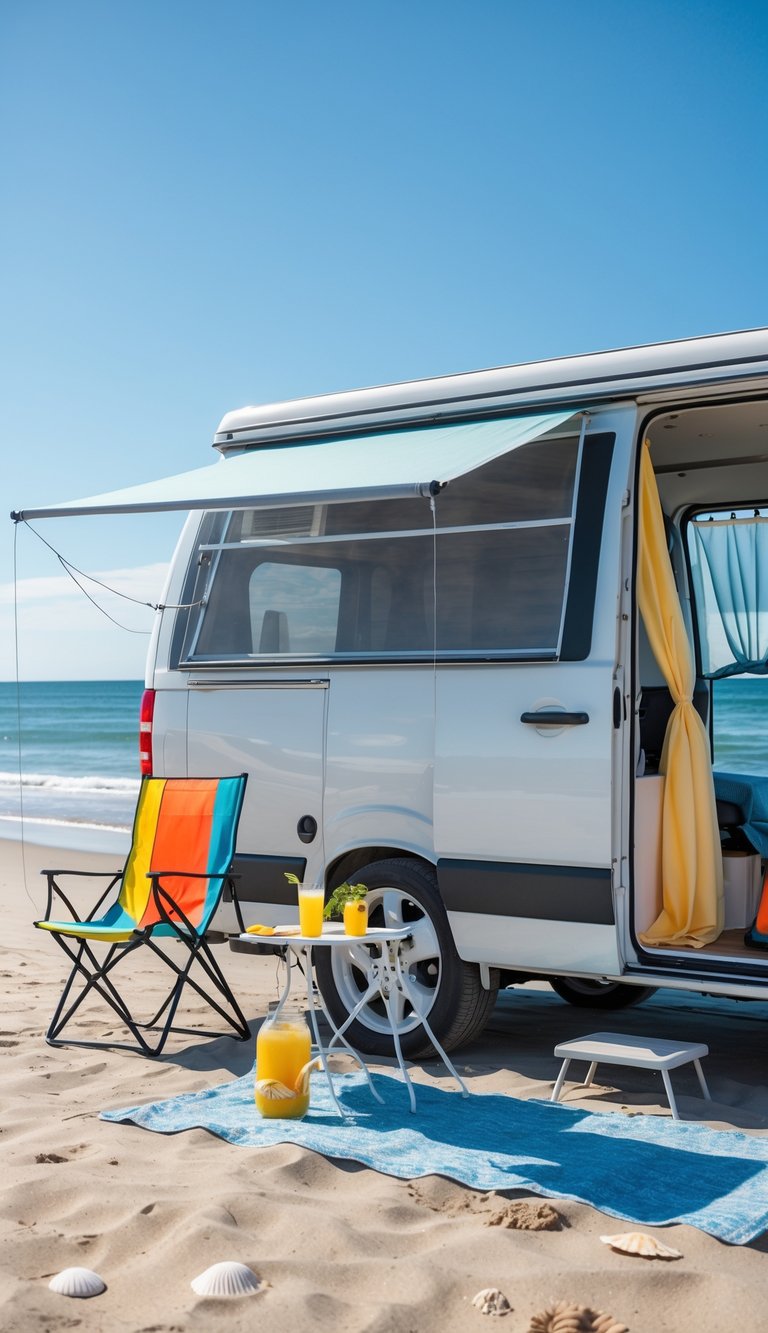 A camper van parked on a sandy beach with mesh window screens, a beach chair, and ocean waves in the background.