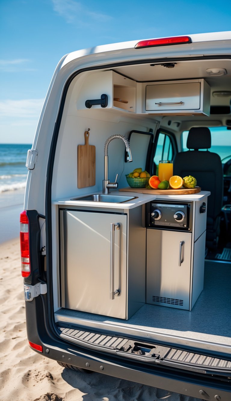 Compact camper van kitchenette with saltwater-resistant finishes set up by a sandy beach with waves in the background.