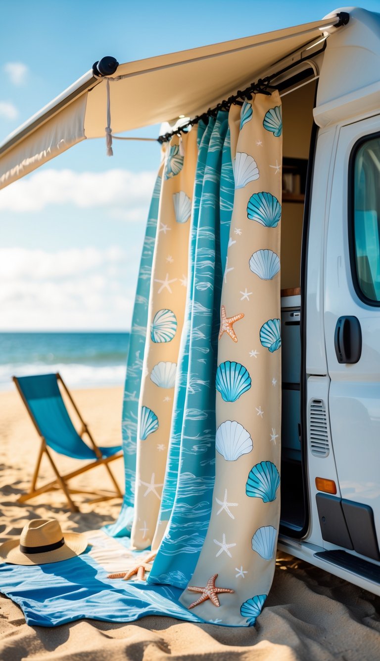 A camper van parked on a sunny beach with a sliding beach-themed curtain partially drawn for privacy and sun protection.
