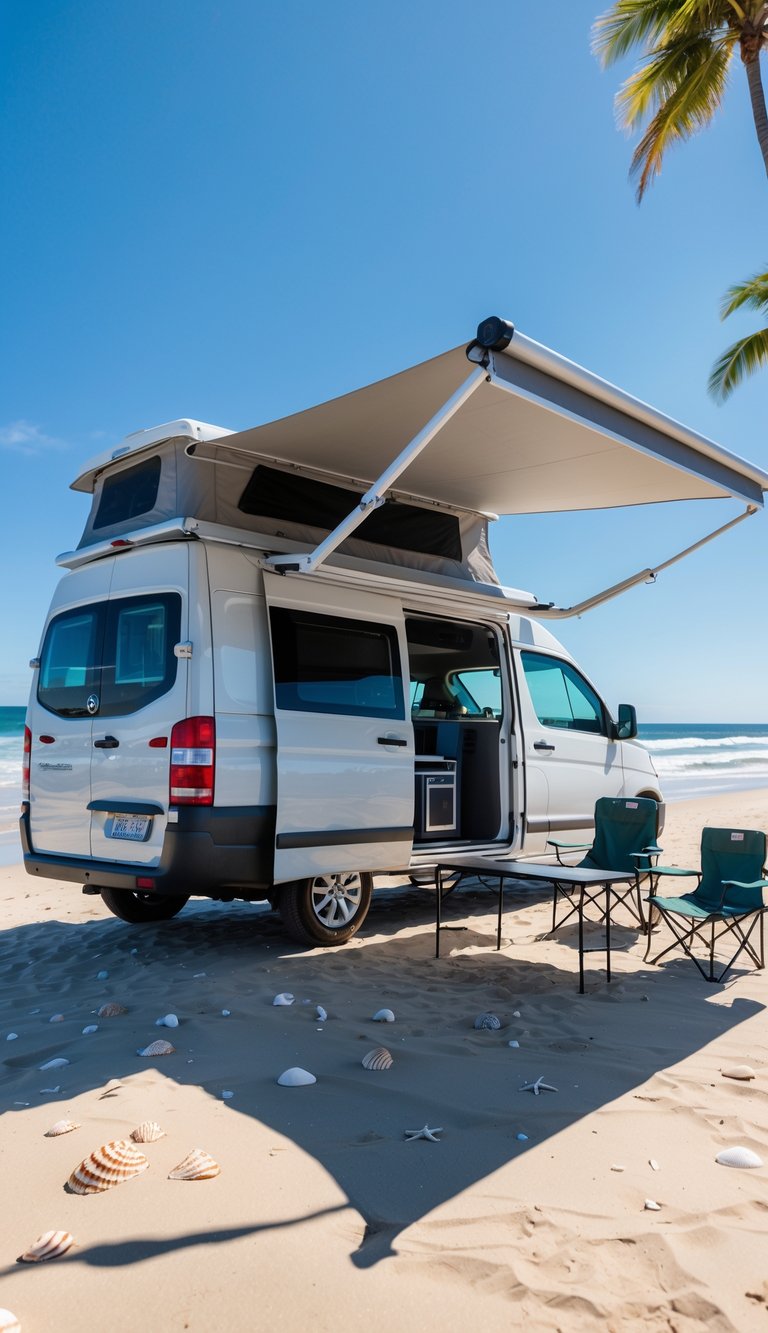 A camper van on a sandy beach with a roof-mounted retractable awning extended, providing shade over outdoor chairs and a table near the ocean.