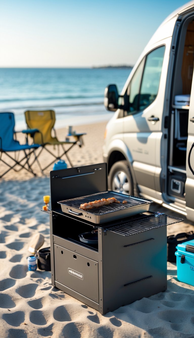 A lightweight portable grill placed in a dedicated storage spot on a camper van parked on a sandy beach with ocean in the background.