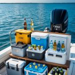 A boat deck displaying 17 different types of coolers and beverage storage options with drinks inside, set against a calm ocean background.