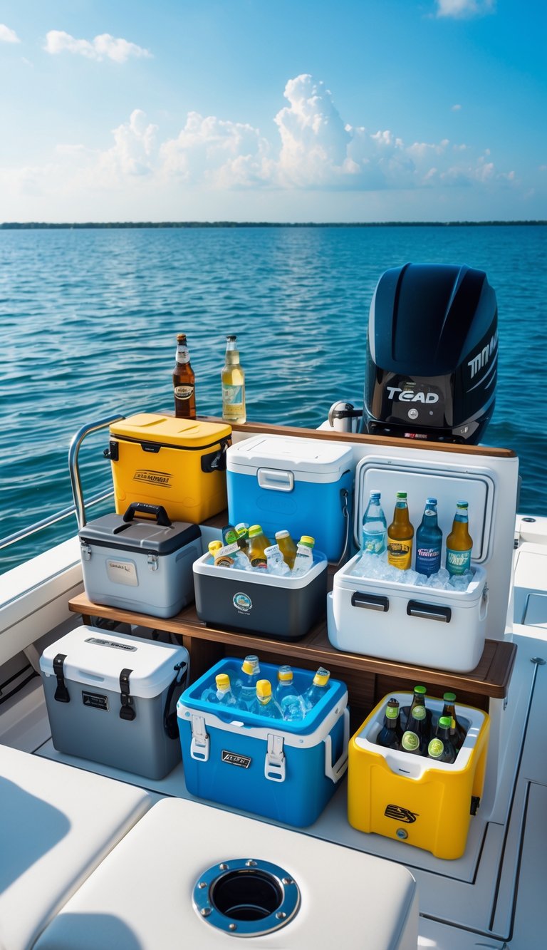 A boat deck displaying 17 different types of coolers and beverage storage options with drinks inside, set against a calm ocean background.
