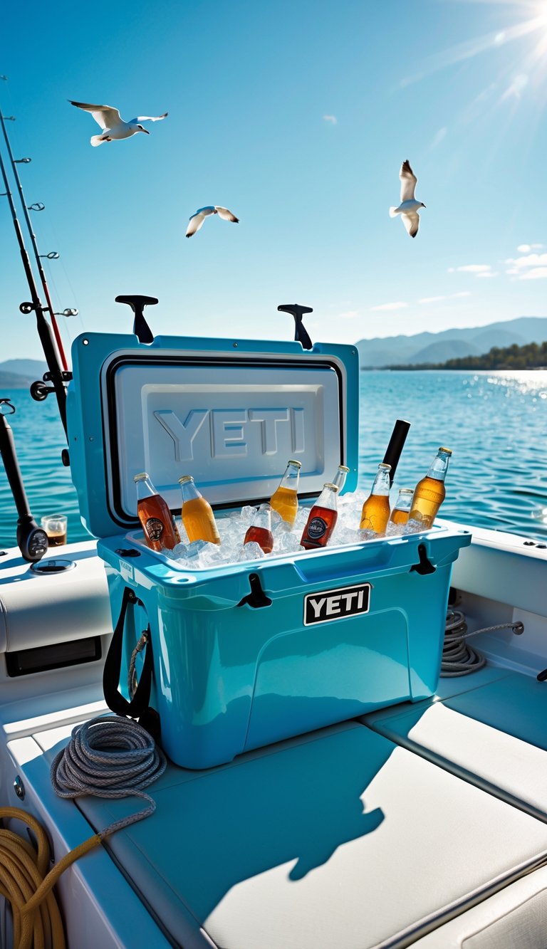 A Yeti Tundra 45 cooler filled with ice and beverages on a boat deck with water and mountains in the background.