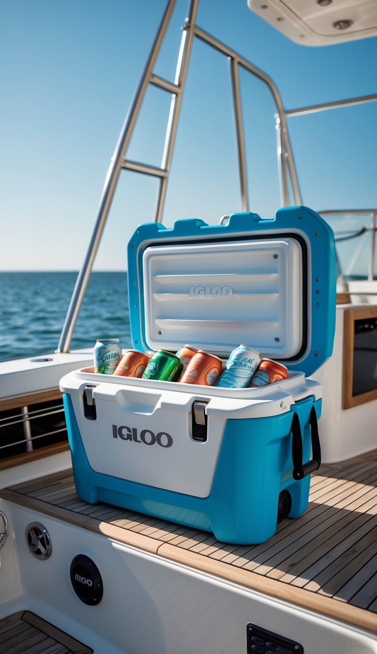 An Igloo Marine Ultra Cooler on a boat deck filled with beverages, with ocean and clear sky in the background.