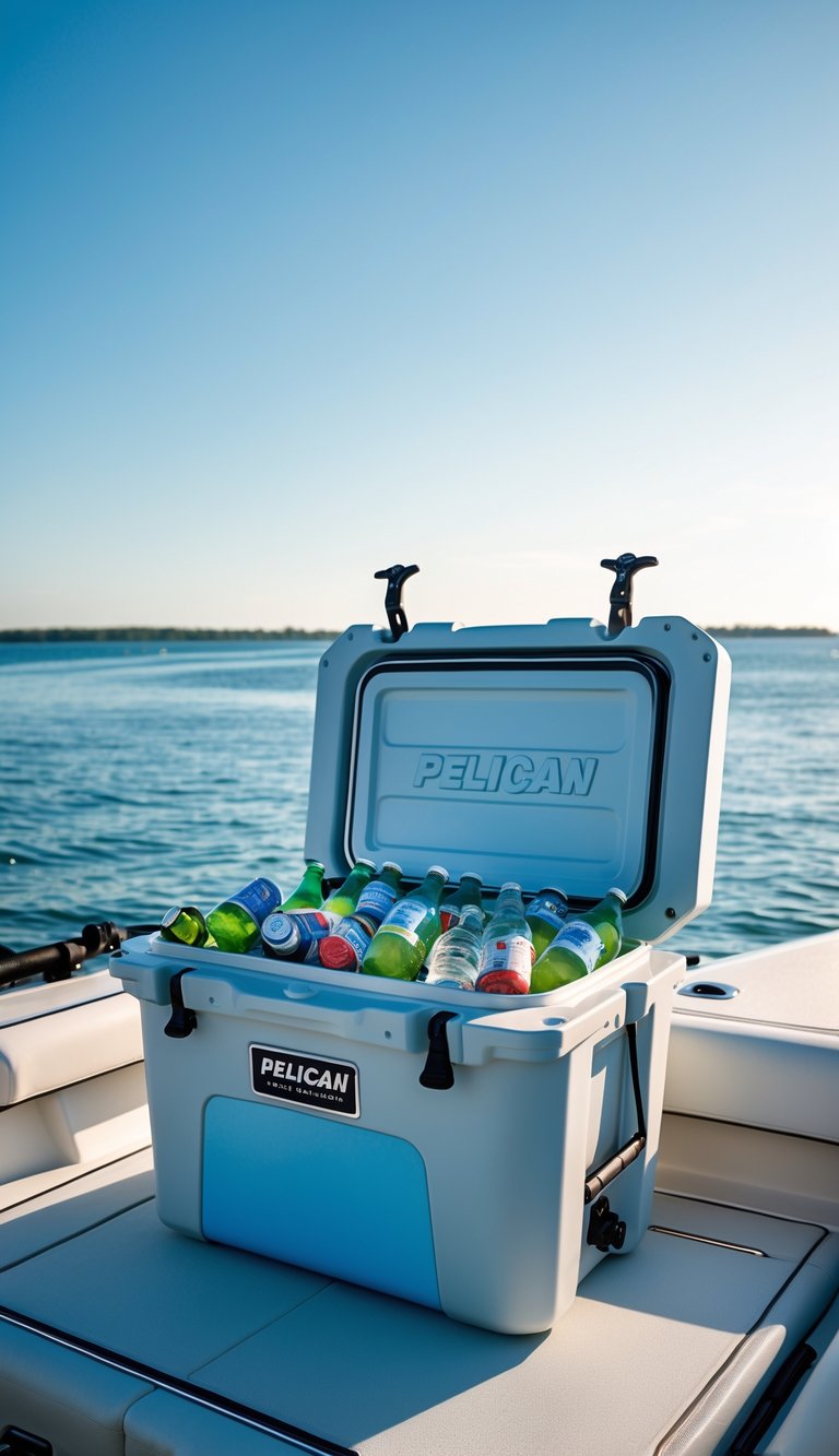 A Pelican Elite Marine Cooler open on a boat deck filled with beverages, with the ocean and blue sky in the background.