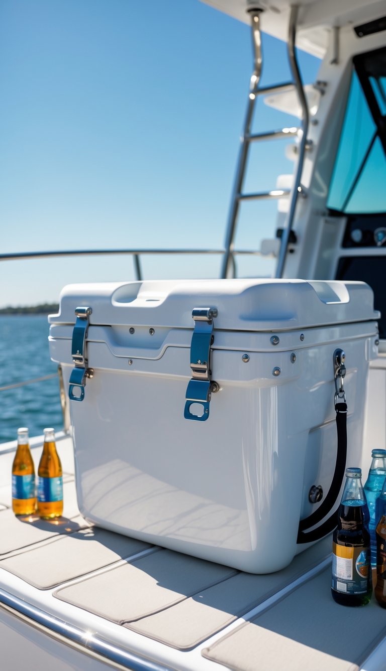 A marine cooler with rust-resistant hardware on a boat deck surrounded by beverages and ocean water in the background.