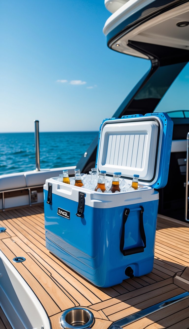 An Engel DeepBlue Marine Cooler open on a boat deck filled with beverages and ice, with ocean and blue sky in the background.