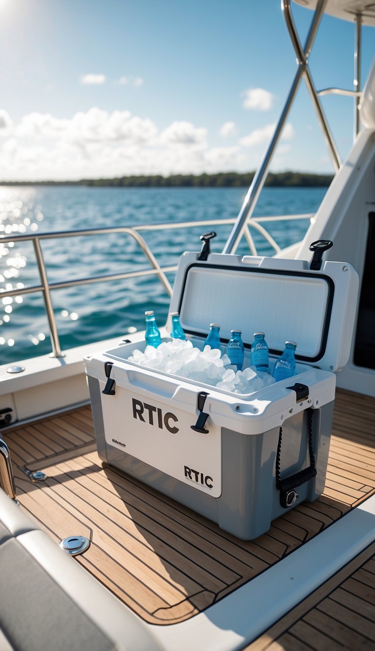 An RTIC marine cooler on a boat deck with beverages inside, overlooking calm ocean waters under a clear sky.