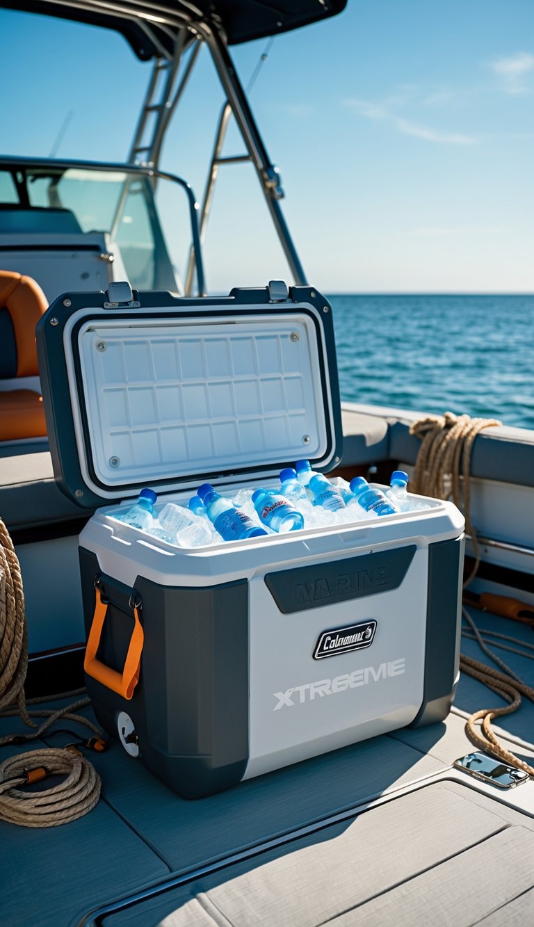 A Coleman Marine Xtreme Cooler open on a boat deck filled with chilled beverages and ice, with the ocean and clear sky in the background.