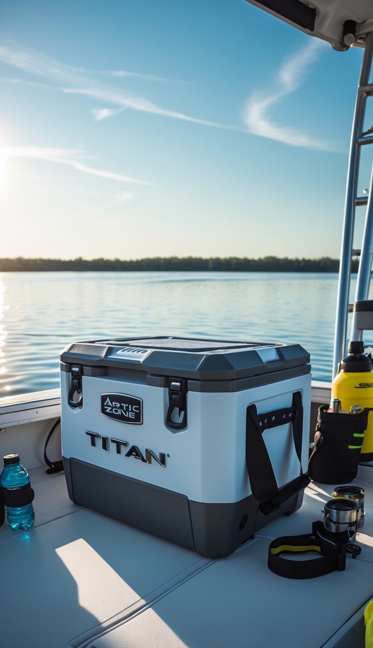 An Arctic Zone Titan Deep Freeze Cooler on a boat deck surrounded by beverage storage items with water and blue sky in the background.