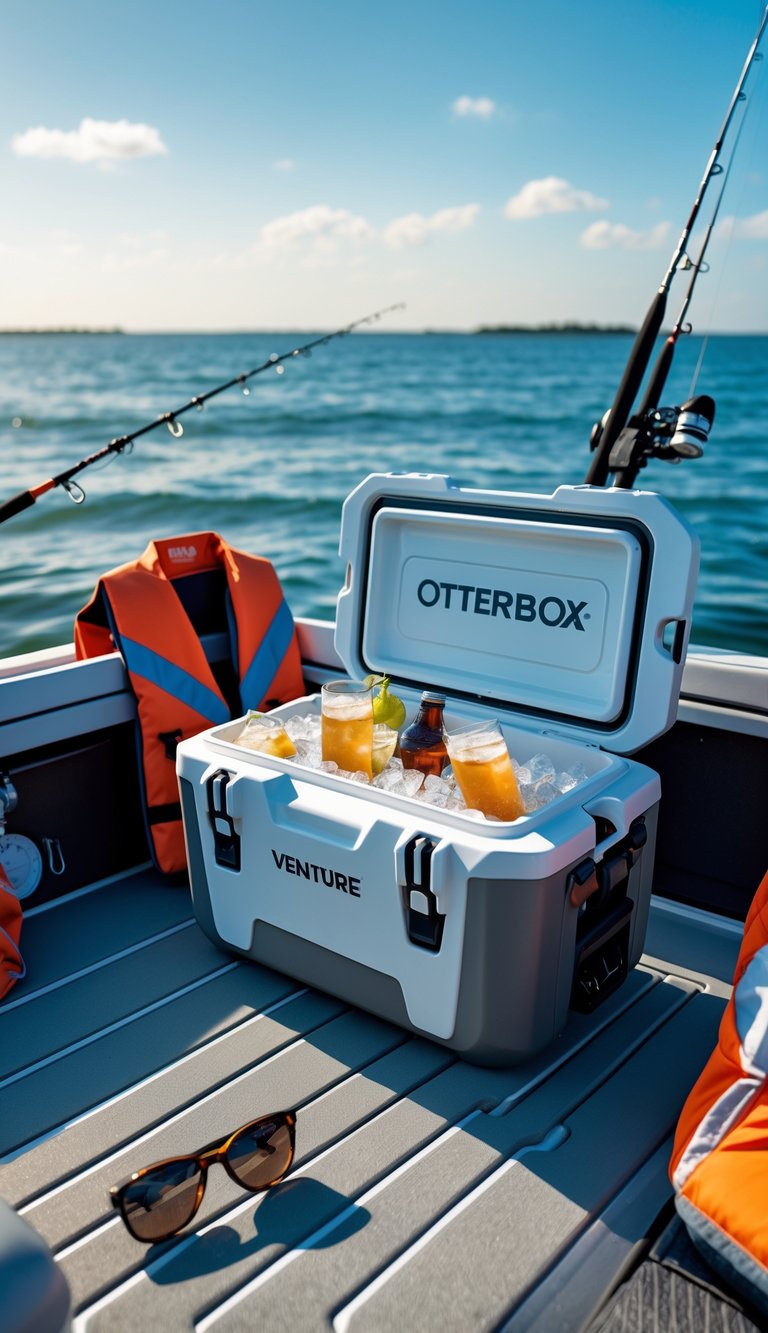 An OtterBox Venture Cooler open on a boat deck filled with beverages and ice, surrounded by boating gear, with the sea and clear sky in the background.