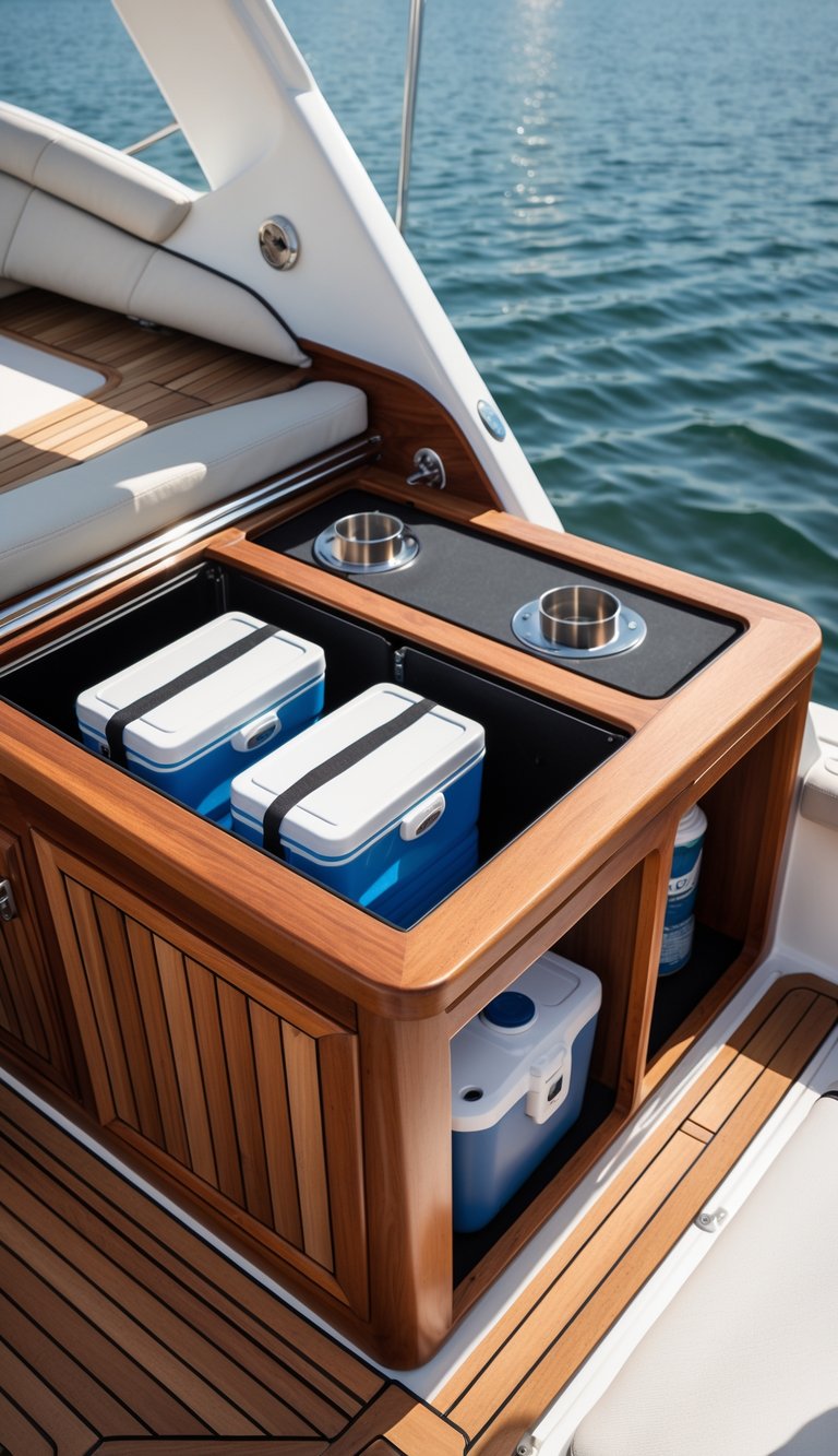 Teak wood cooler storage system integrated into a boat deck with coolers and beverages inside, overlooking calm water.