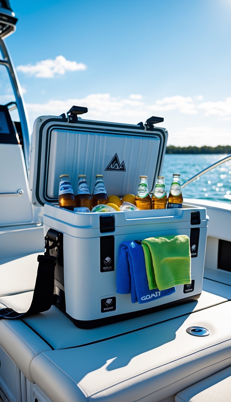 A GOAT Marine Cooler with dry storage open on a boat deck, showing beverages and boating supplies inside, with blue water and sky in the background.