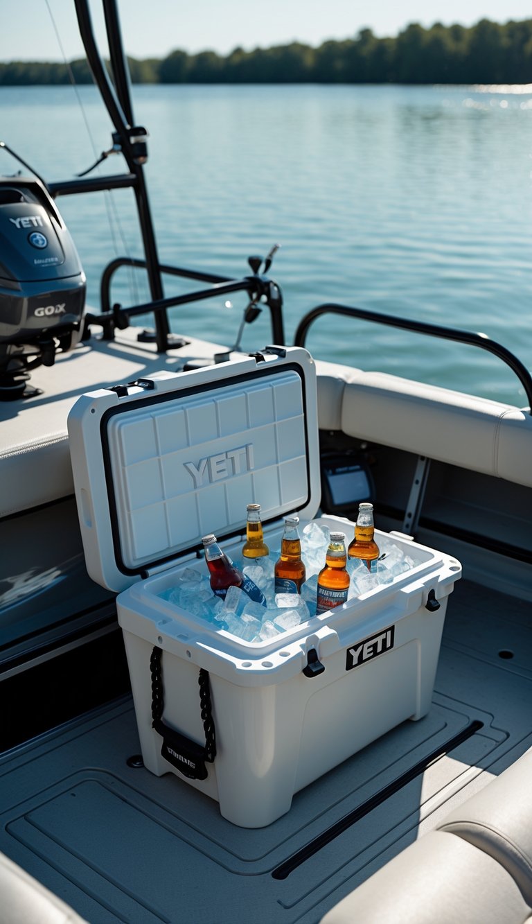 Yeti LoadOut GoBox cooler on a boat deck with beverages inside, surrounded by boating equipment and water in the background.