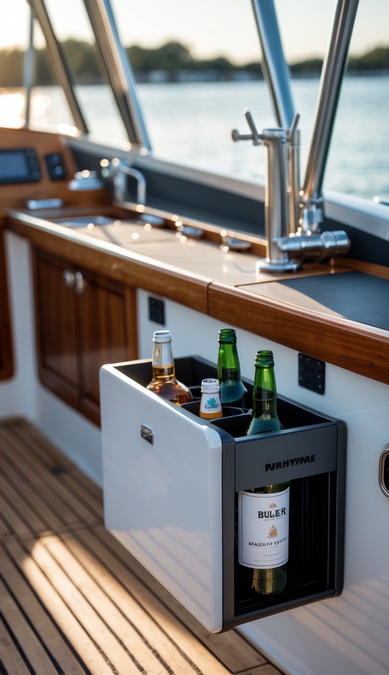 A boat deck with a magnetic wet bar storage holding bottles next to a compact cooler, with water visible in the background.