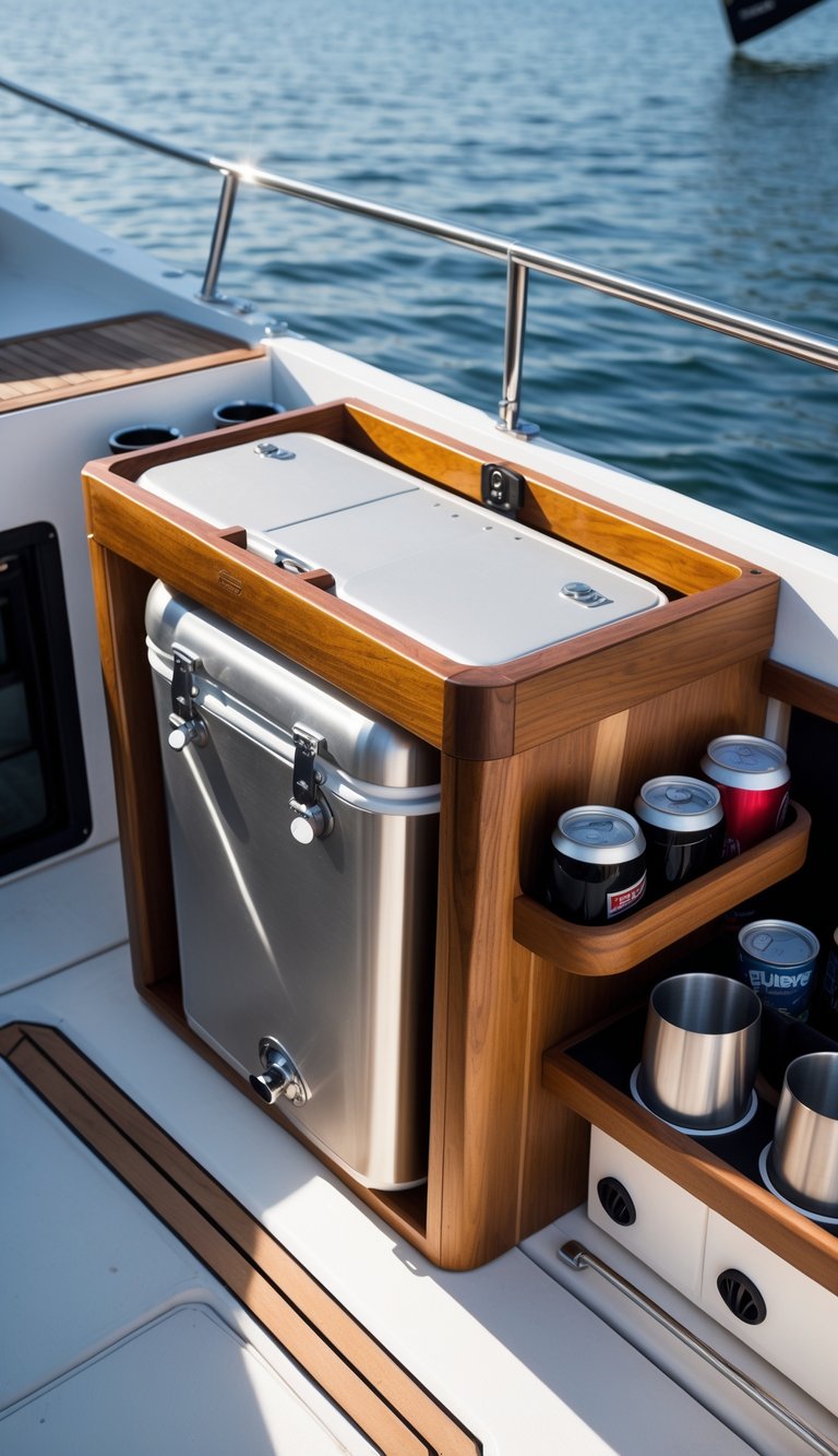 A custom hard cooler mounted on a boat deck with beverage storage compartments and a teak wood frame, overlooking calm water.
