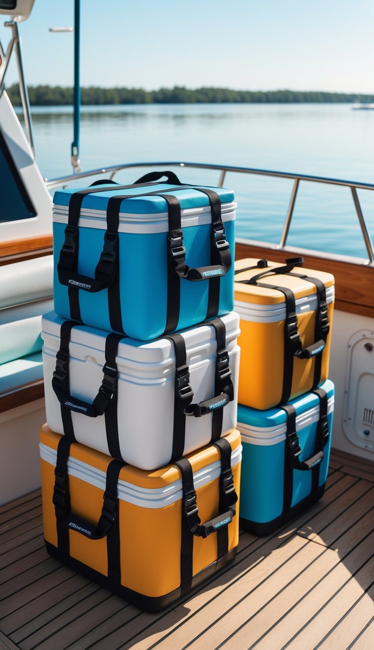 Stacked soft cooler bags with boat straps secured on a boat deck near calm water.