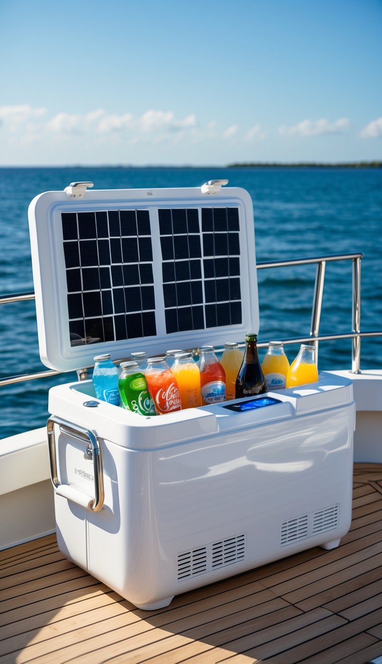 A solar-powered beverage cooler on a boat deck filled with chilled drinks, with the ocean and clear sky in the background.
