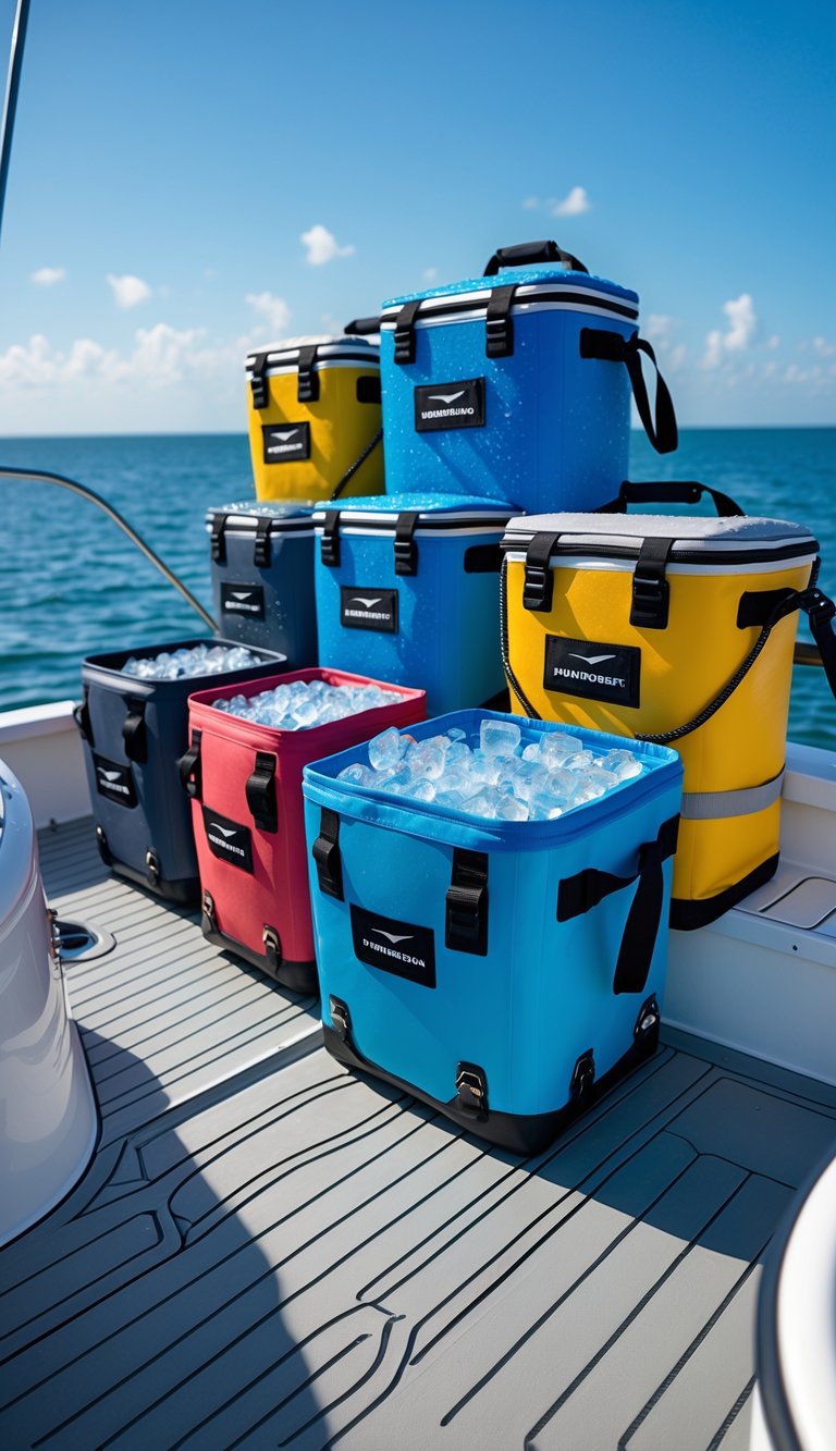 Several waterproof marine cooler bags on a boat deck with ocean and sky in the background, some open showing chilled drinks inside.