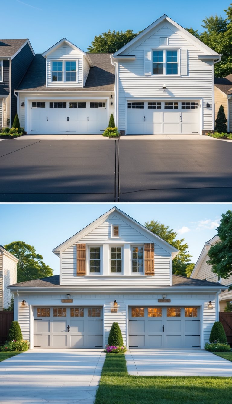 A variety of American garages with different door styles and surrounding driveways in a suburban neighborhood.
