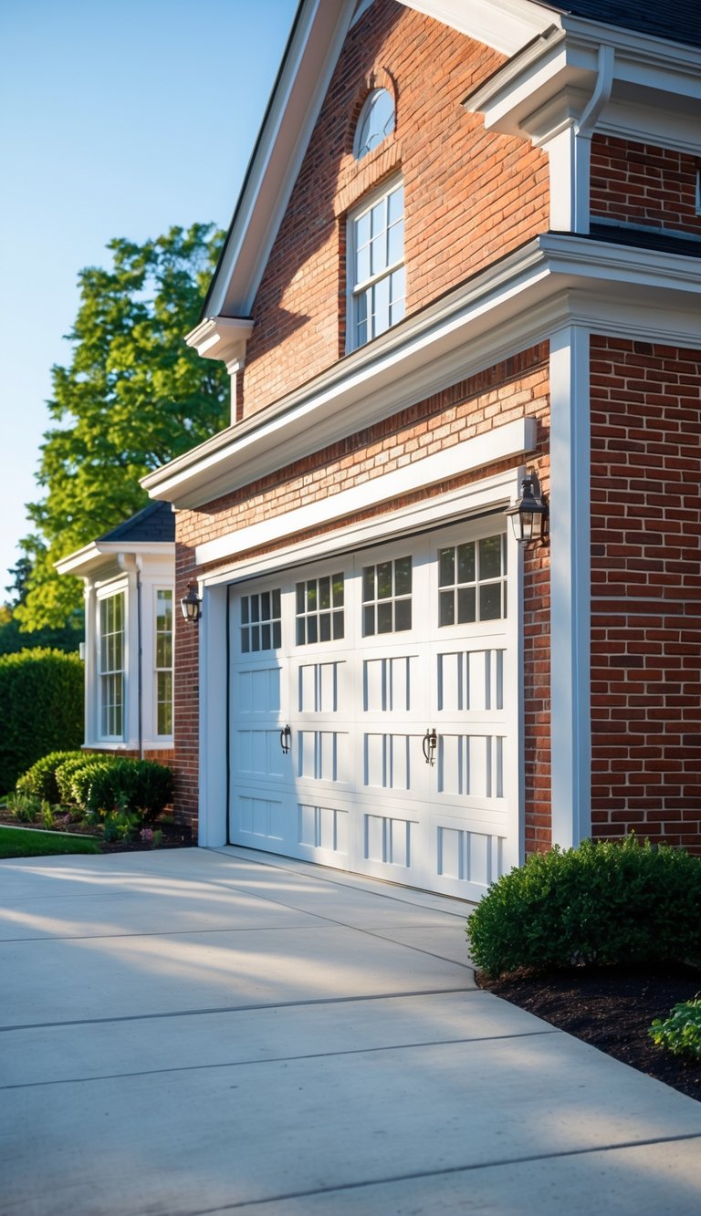 A red brick garage with white trim, closed white garage doors, a driveway, and green shrubs under a clear sky.