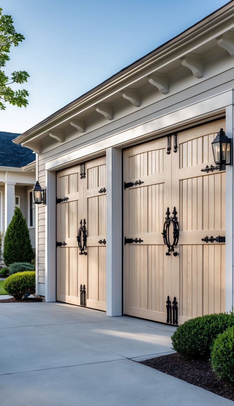 A double garage with white wooden doors and black decorative hardware on a suburban home, surrounded by greenery and a driveway.