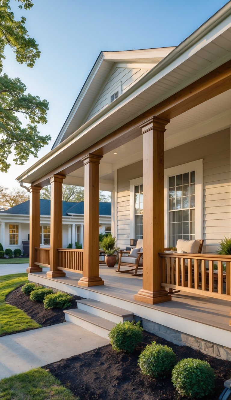 Wide front porch with wooden columns and an attached garage on a classic American home exterior.