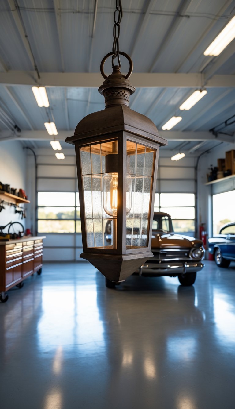 A vintage lantern pendant light hanging inside a clean and organized garage with a classic car parked in the background.