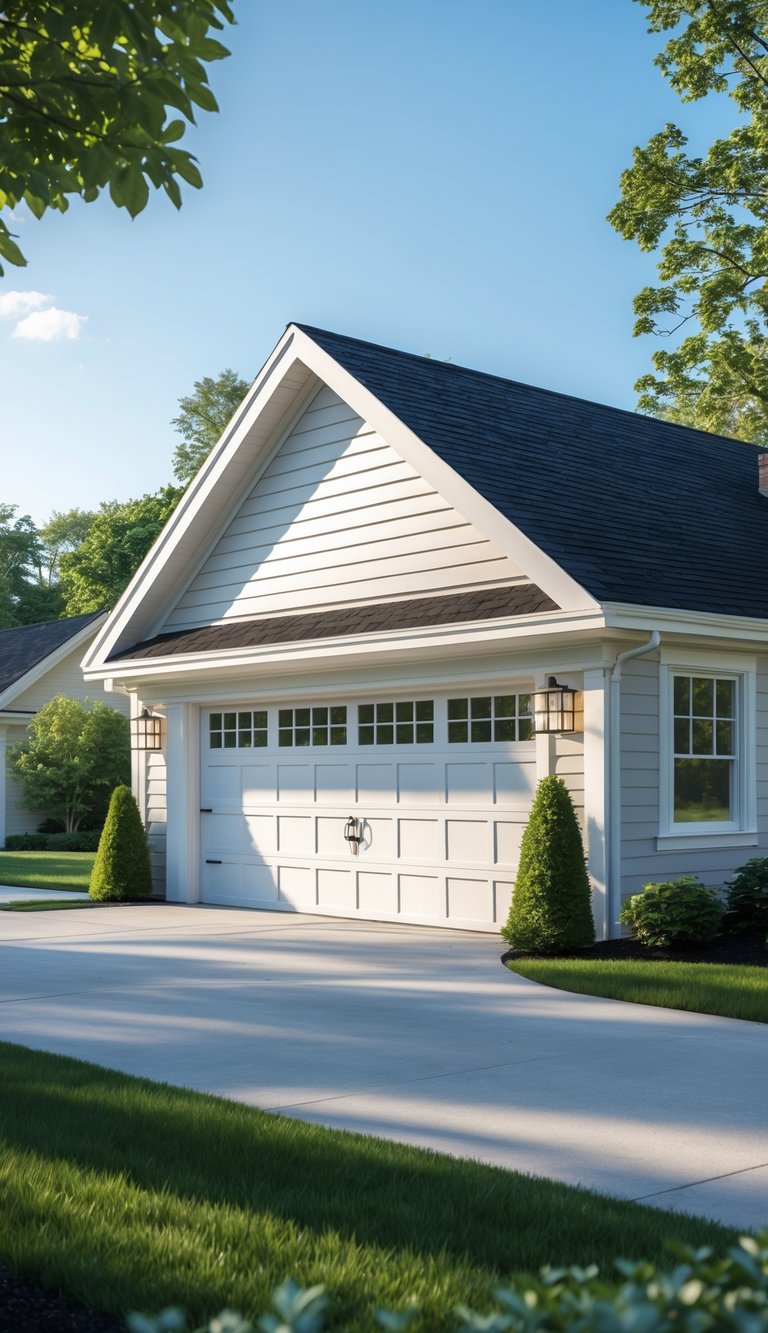 A suburban garage with a gable roof covered in asphalt shingles, surrounded by a driveway, lawn, and trees.