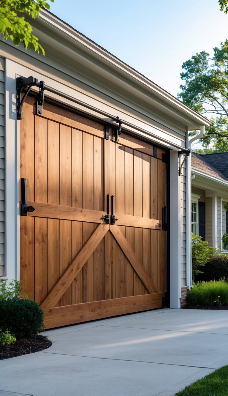 A clean suburban garage with large wooden sliding barn doors and a concrete driveway under a clear sky.
