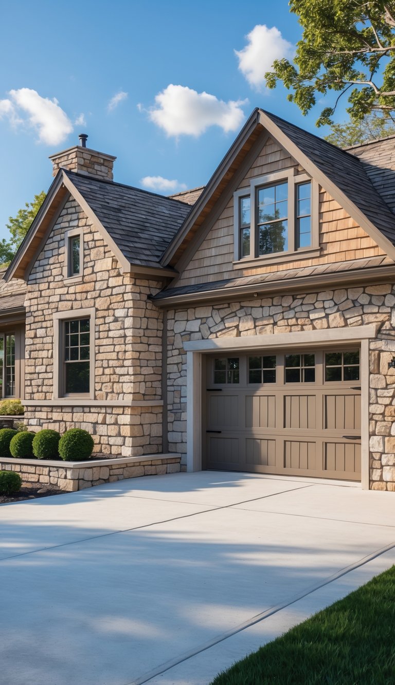 Exterior view of a house with a garage featuring a stone accent wall and a paved driveway surrounded by greenery.
