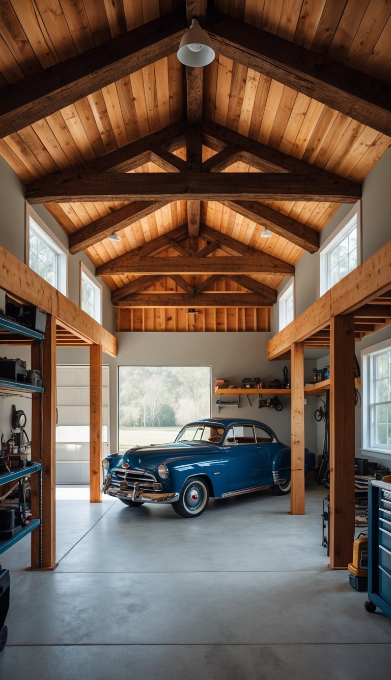 Interior of a garage with exposed wooden ceiling beams and organized shelves.
