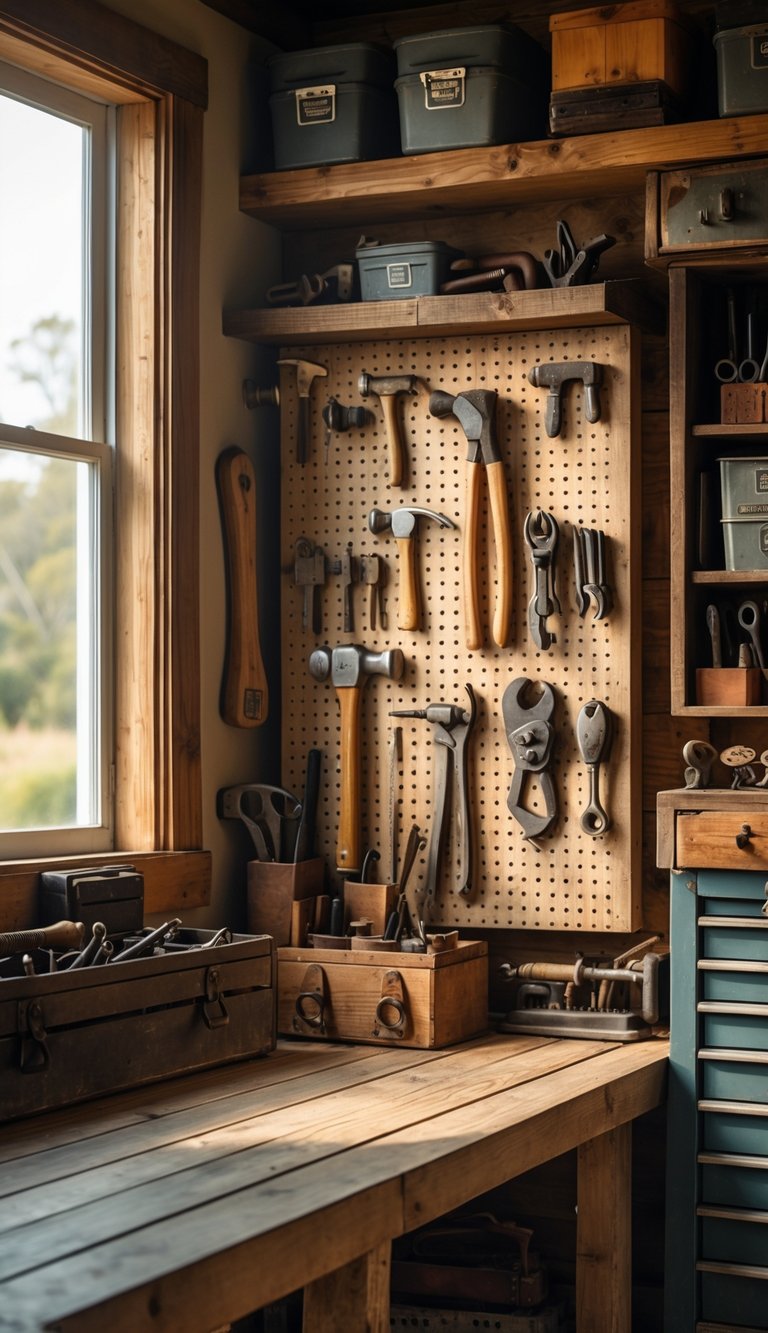 A cozy workshop nook with vintage tools arranged on a wooden workbench and shelves in a garage.