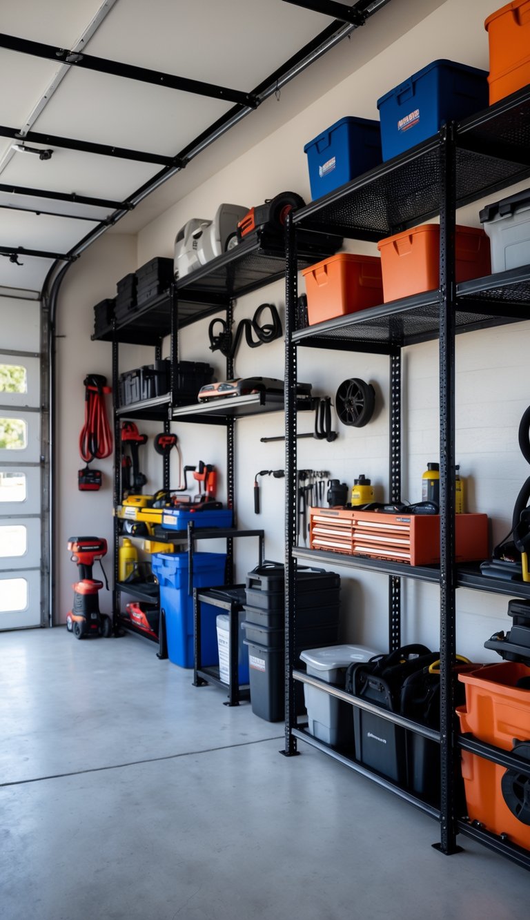 Interior of a garage with iron wall-mounted storage racks holding tools and storage bins.