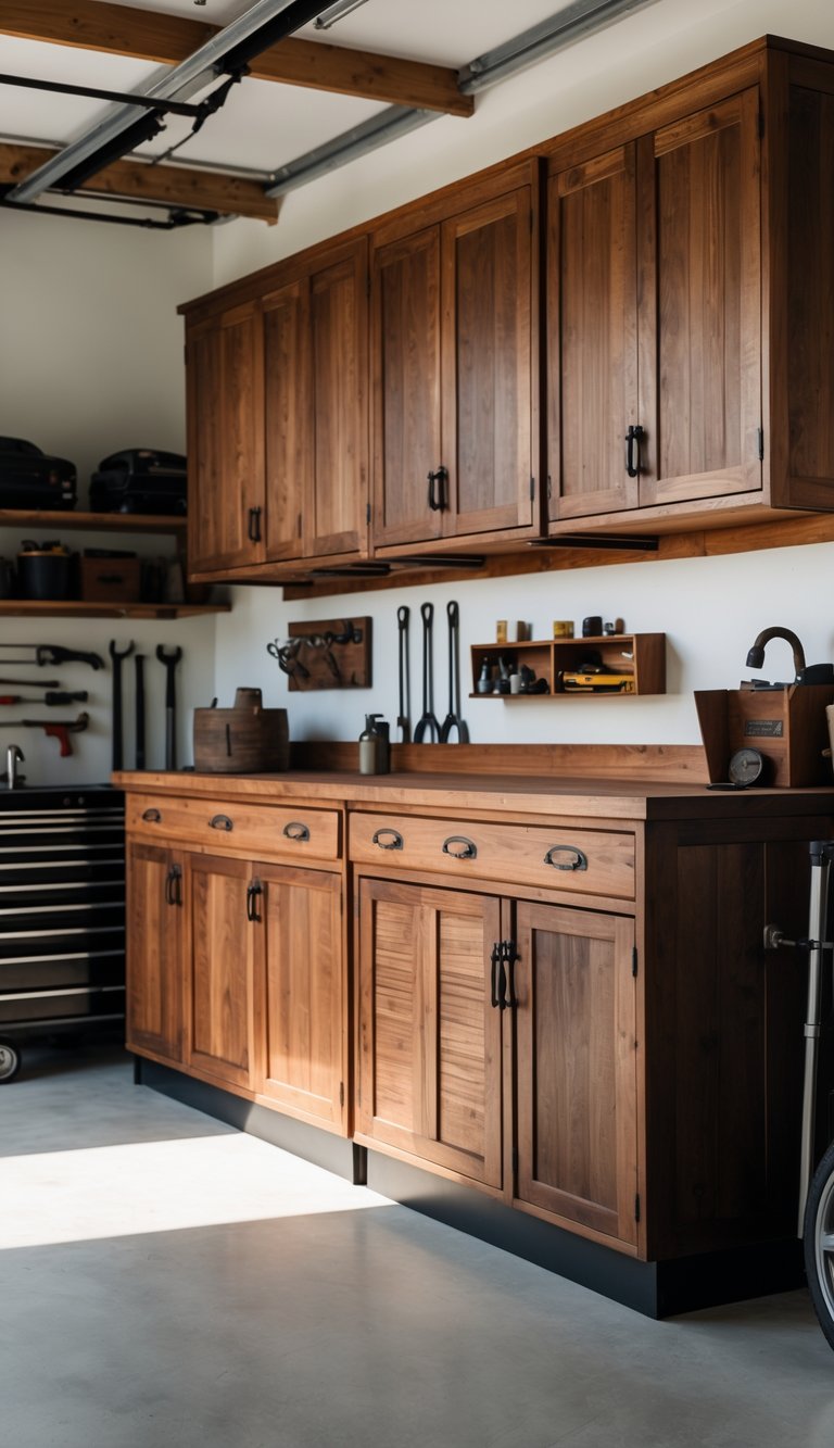 Antique wooden storage cabinets inside a clean and organized garage with tools and equipment around.