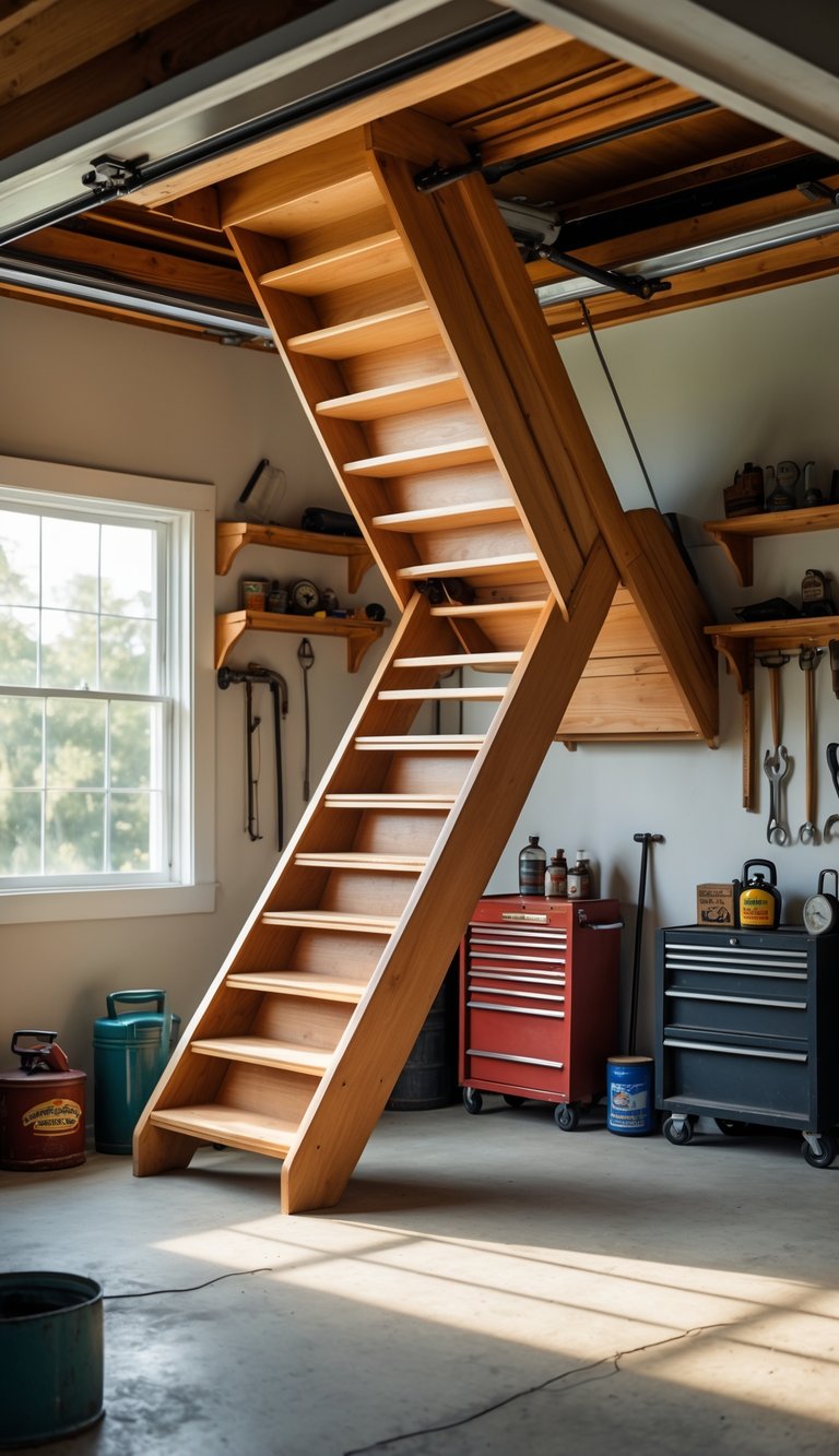 An old-fashioned pull-down attic stairs partially extended in a clean, organized garage with wooden shelves and vintage tools.