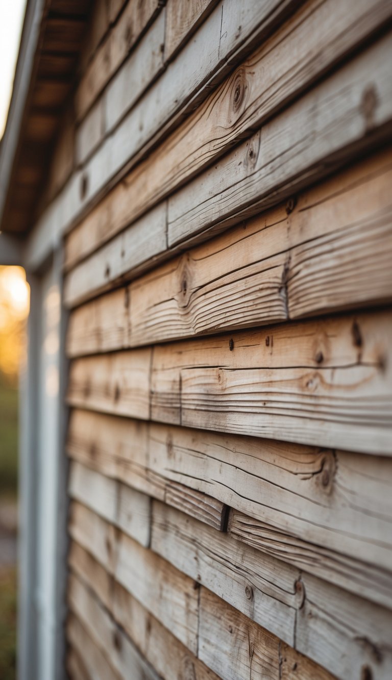 Close-up view of weathered wooden siding on a garage exterior.