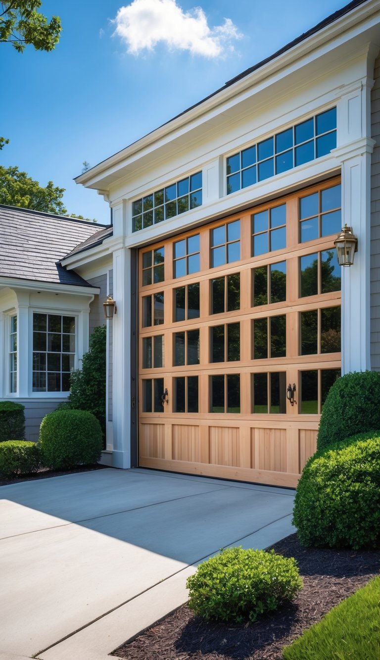 Exterior view of a classic American garage with large divided window panes on the door, surrounded by a driveway and greenery on a sunny day.