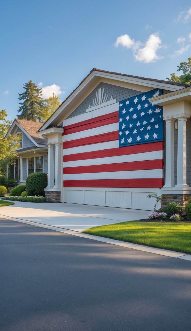 A suburban garage with a large American flag displayed on the garage door, surrounded by a clean driveway and green lawn.