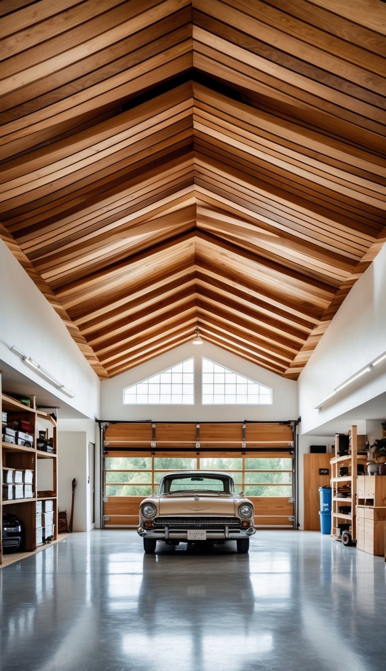 Interior of a garage with a chevron wood ceiling, a vintage car, and organized storage shelves.