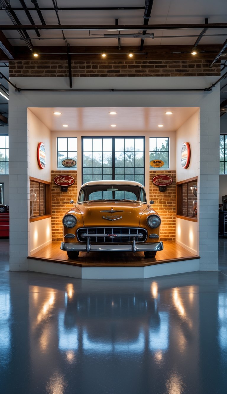 A vintage American car displayed inside a spacious, well-lit garage with brick walls and polished floors.