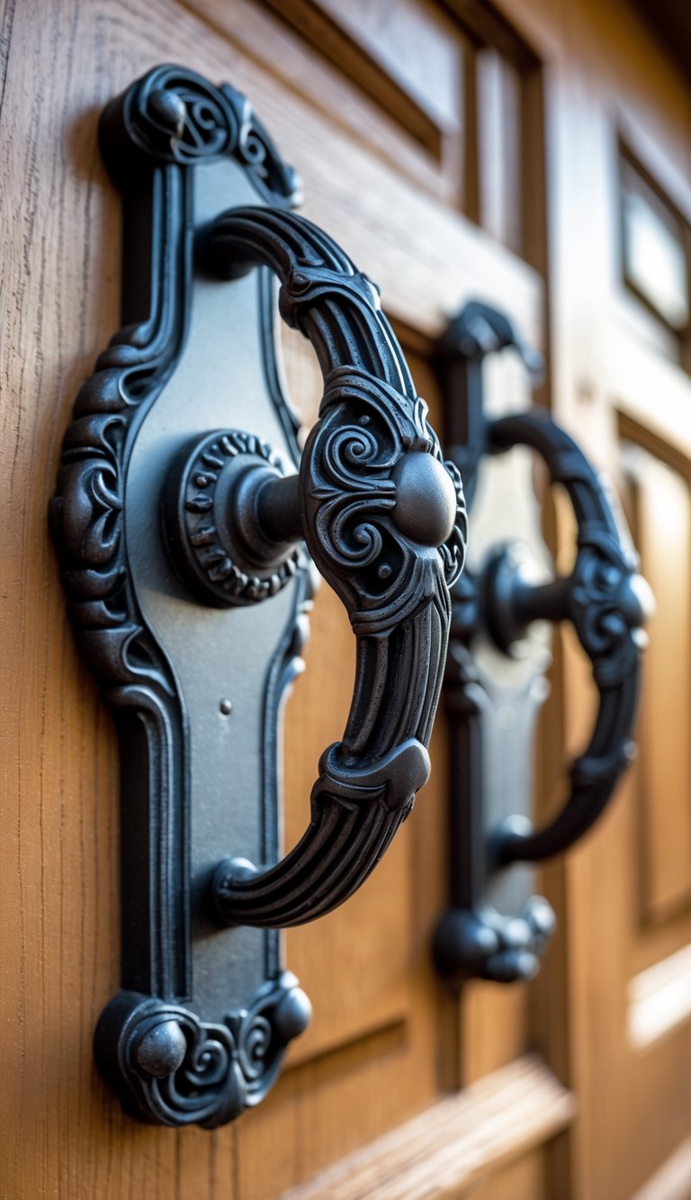 Close-up of wrought iron door handles on a wooden garage door.