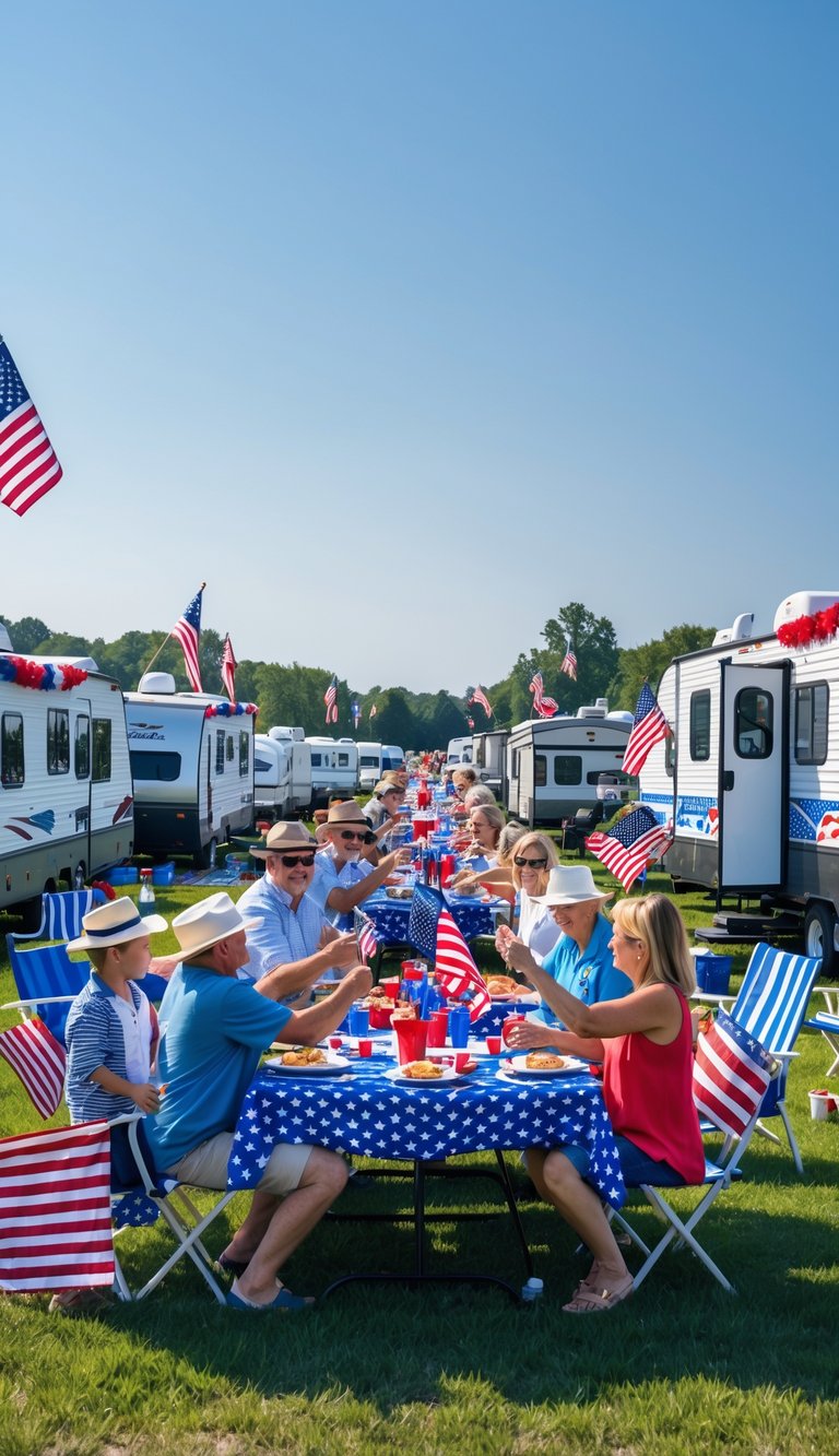 A group of 19 RVs decorated with American flags and red, white, and blue decorations with people celebrating outdoors on a sunny day.