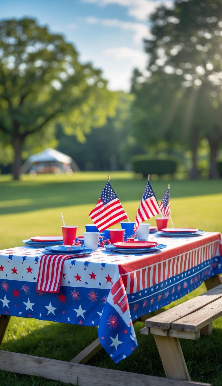 Outdoor picnic table covered with a red, white, and blue tablecloth decorated with stars and fireworks patterns, set in a sunny park with patriotic decorations.
