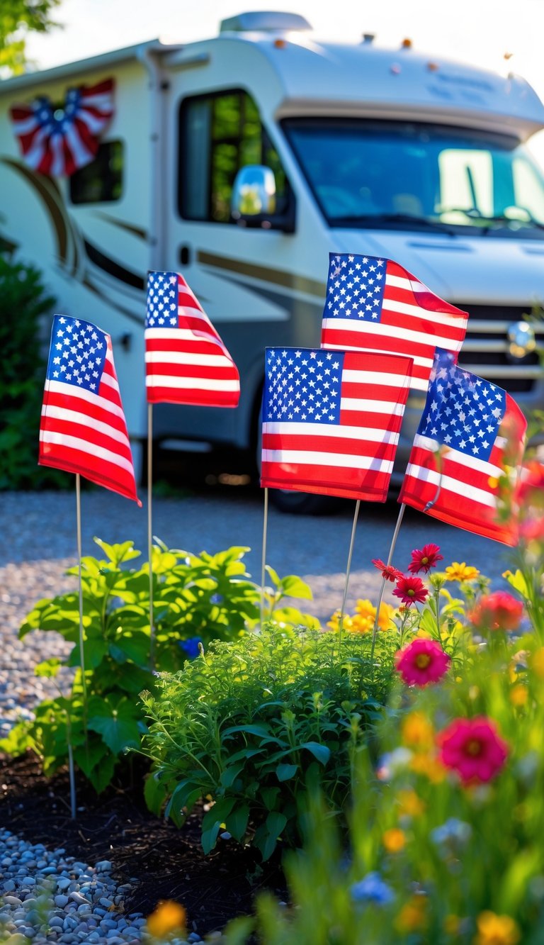 Solar-powered American flag garden stakes placed in a garden with flowers and a parked RV in the background.